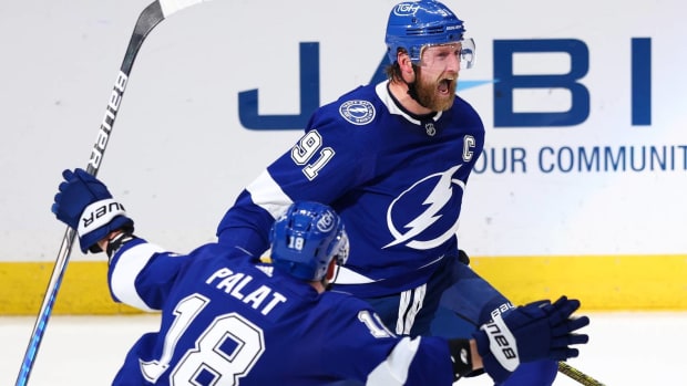 Steven Stamkos and Ondrej Palat celebrate a goal vs. New York Rangers.